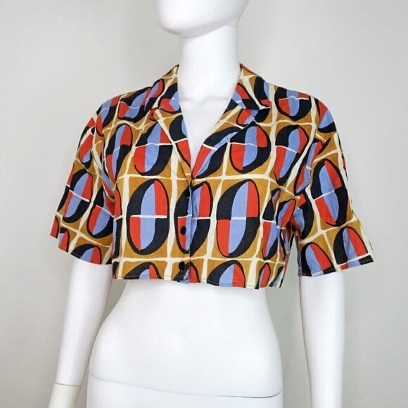 Zara 80's Print Button Front Crop Top Open Back Women's Medium - Picture 1 of 3